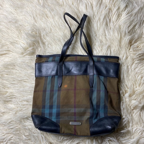 Burberry Bag Handbag Tote Bag Fabric Leather Trim Tartan PLAID AUTHENTIC. - Picture 1 of 11